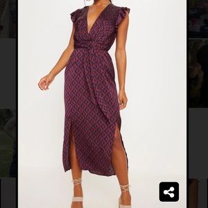 Navy Geo Print Satin Split Midi Dress